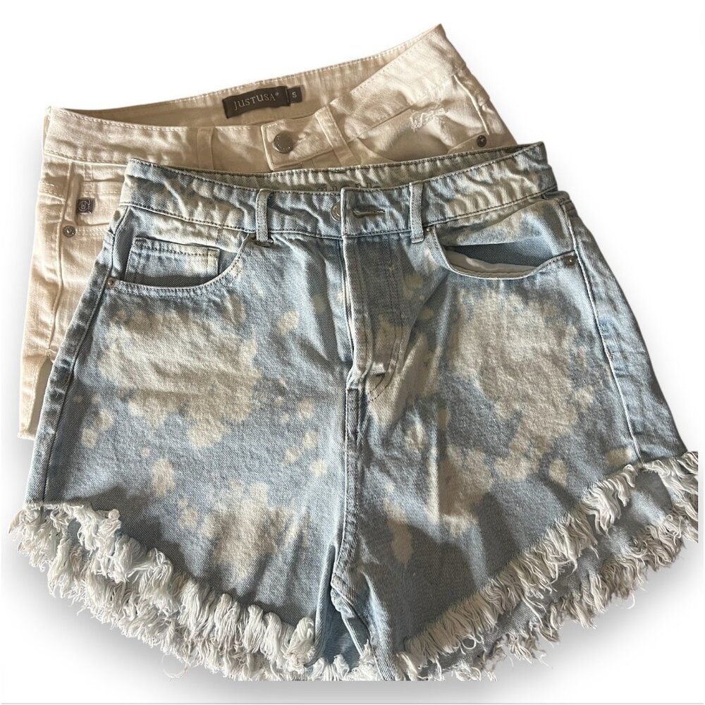 Lot 2 Womens Denim Shorts Sz S 4 Wild Fable‎ Acid Wash Fringe + Just USA White